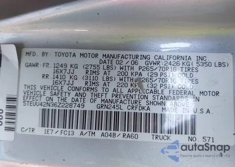 2006 Toyota Tacoma Base V6 из США, поврежденный, VIN 5TEUU42N36Z228749